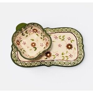 Temptations Appetizer Tray With Dip Bowl Old World Green Red Floral Pattern New
